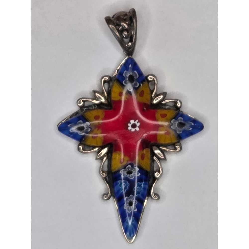 Alan K Murano Glass Millefiori Cross Pendant Sterling Silver 925 Red Blue Yellow